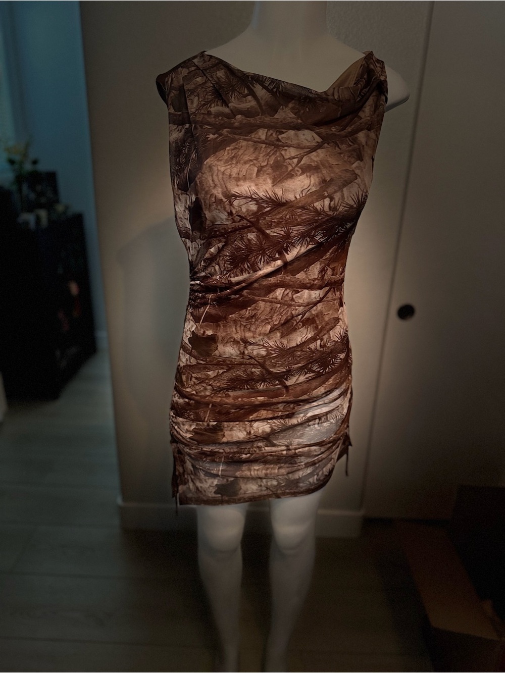 Lovely Day Brown Abstract Ruched Cowl Neck Mini Dress